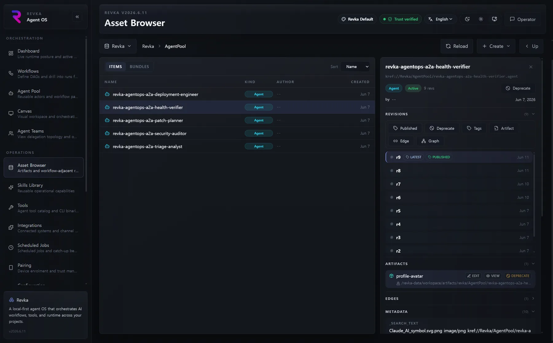 The Asset Browser — navigating the Kumiho project → space → item → revision → artifact hierarchy.